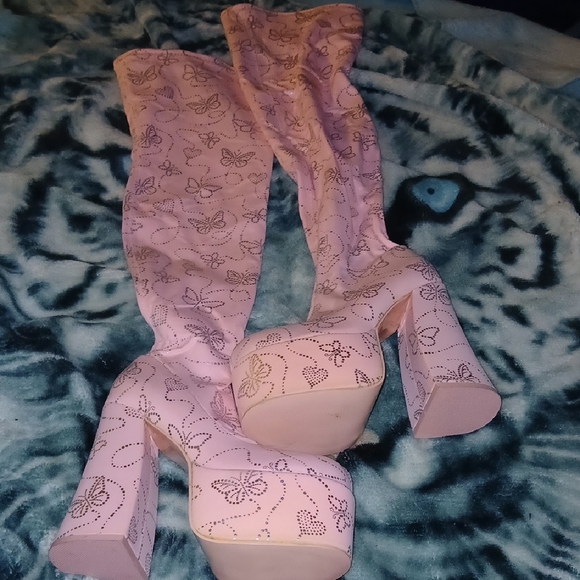 Dolls Kill Shoes - Pink Butterfly Platform Boots